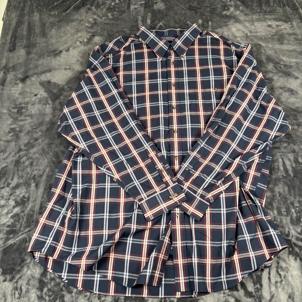 Roundtree & Yorke Button Down Mens 4XLT Navy Plaid Wrinkle Free LS Shirt